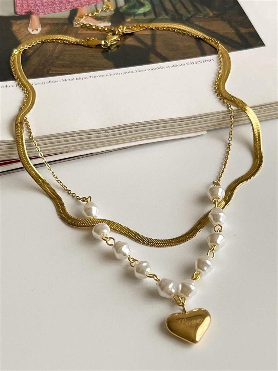 Çelik İtalyan Zincir İncili Kalpli İkili Birleşik Kombin Kolye (45 Cm)