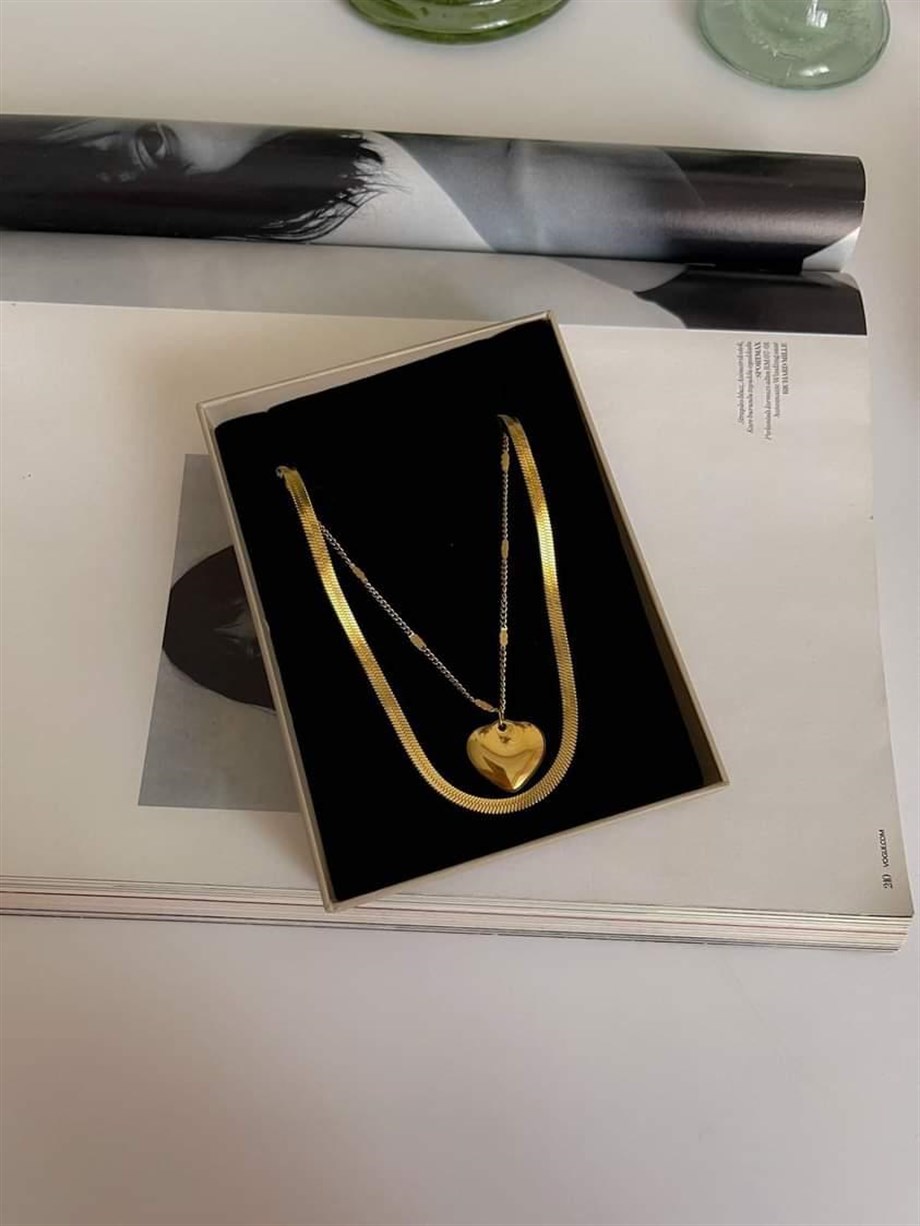 Çelik İtalyan Zincir Kalpli Birleşik Kombin Kolye (47 Cm)