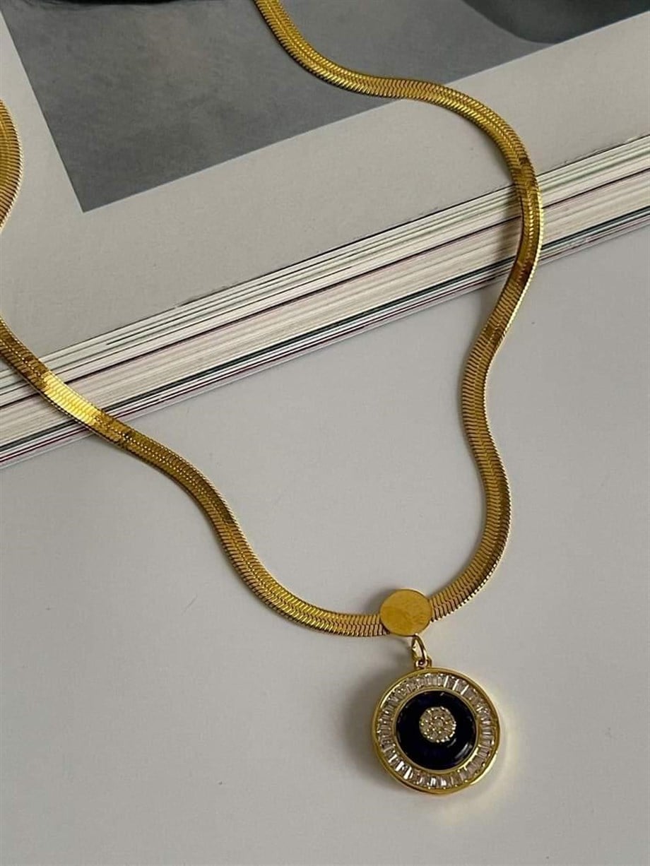 Çelik İtalyan Zincir Lacivert Baget Taşlı Kolye (45 Cm)