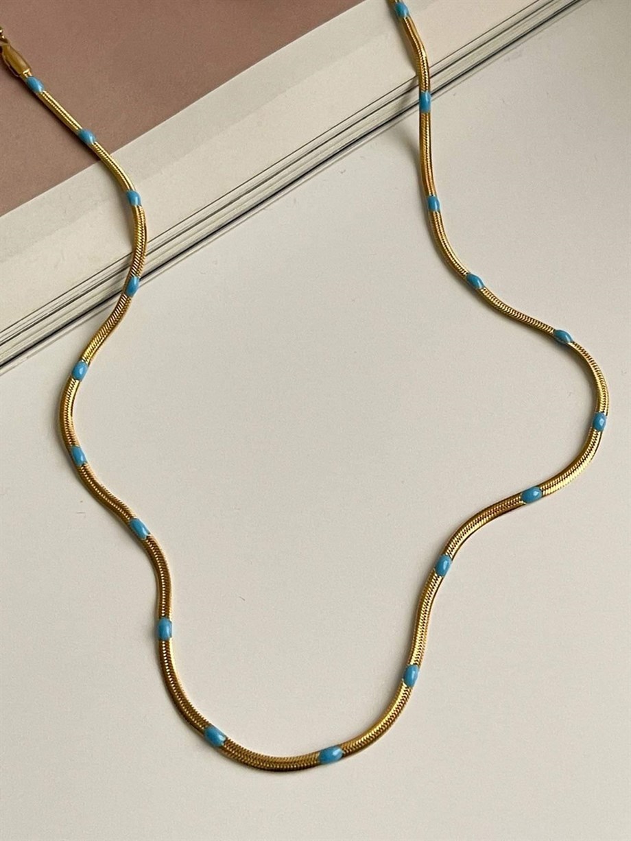 Çelik İtalyan Zincir Mavi Detaylı Kolye (45 Cm)