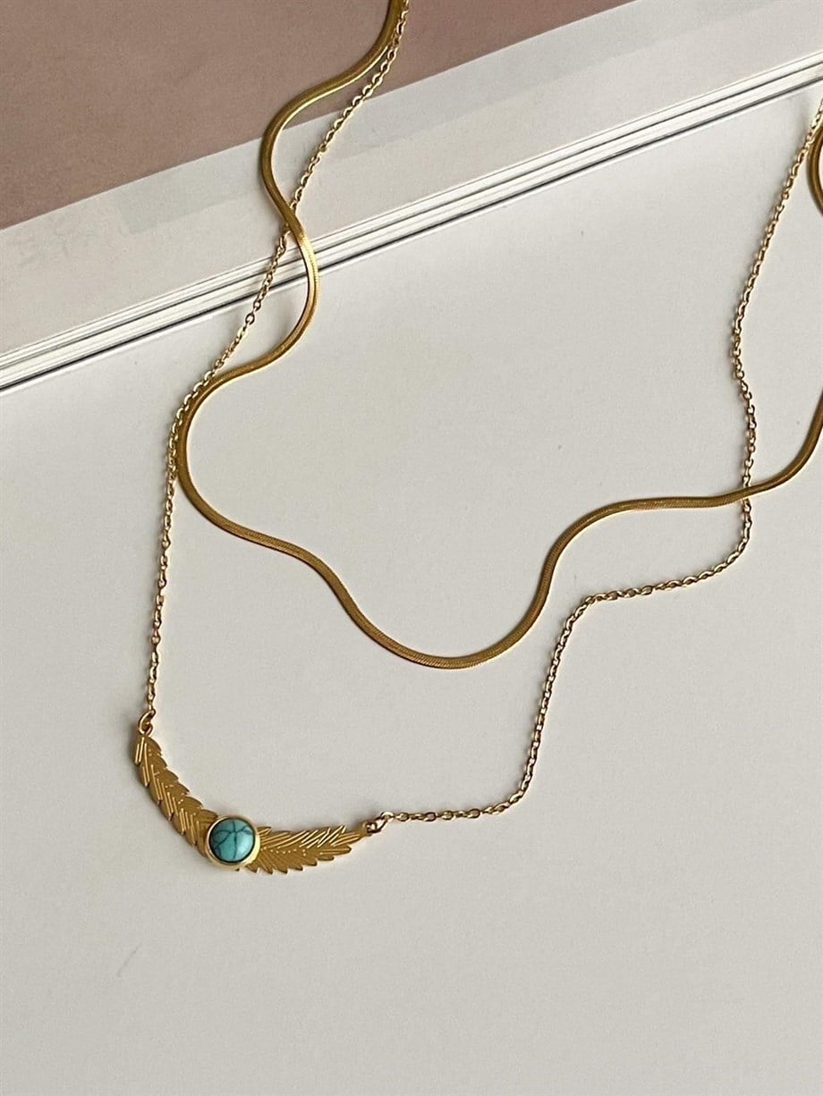 Çelik İtalyan Zincir Mavi Taşlı İkili Birleşik Kombin Kolye (48 Cm)