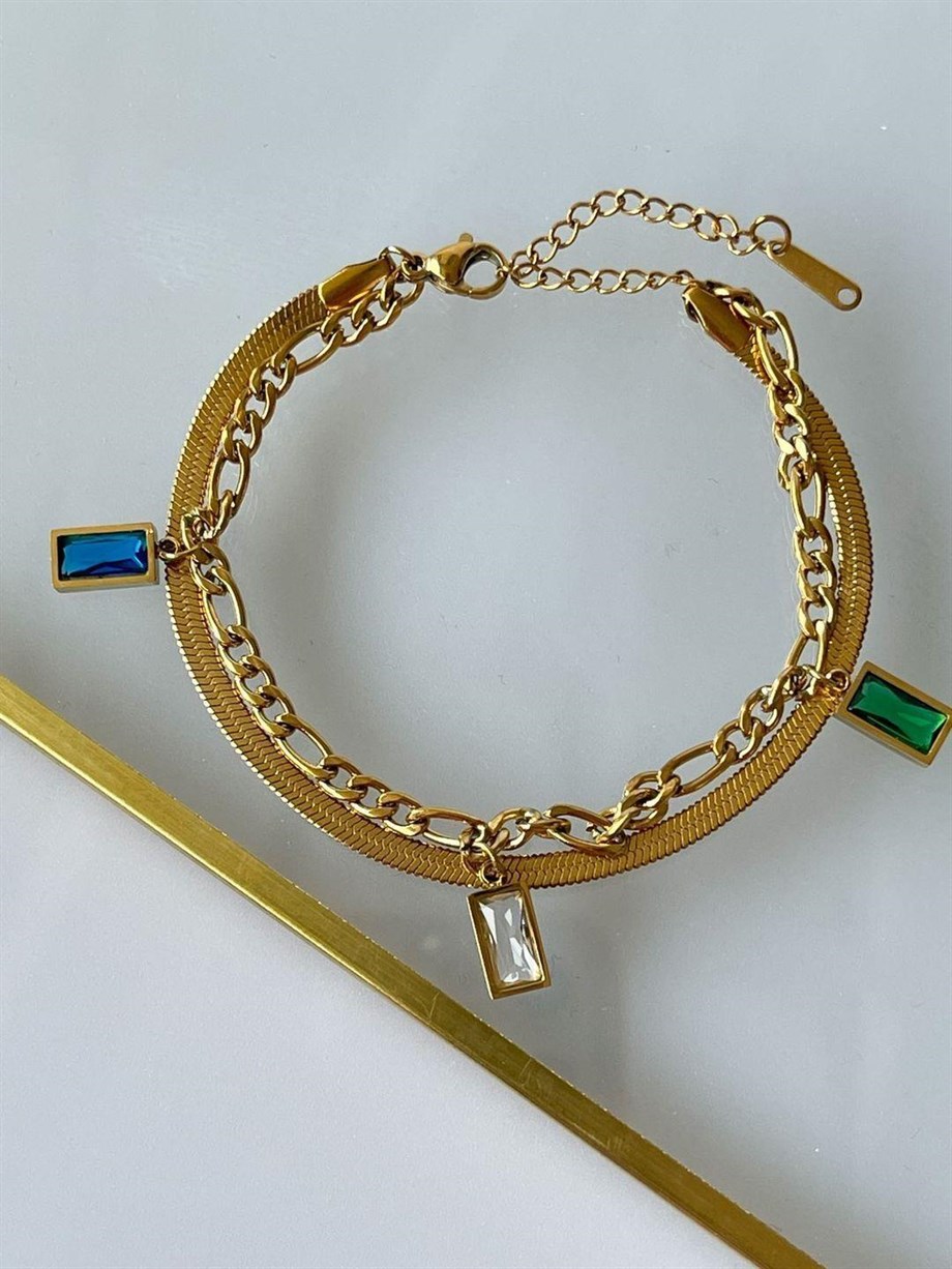 Çelik İtalyan Zincir Renkli Baget Taşlı İkili Birleşik Kombin Bileklik (22 Cm)