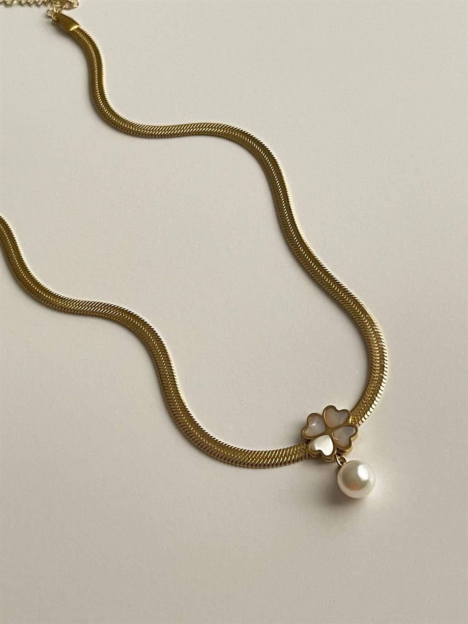 Çelik İtalyan Zincir Sedefli Yonca İncili Kolye (47 Cm)