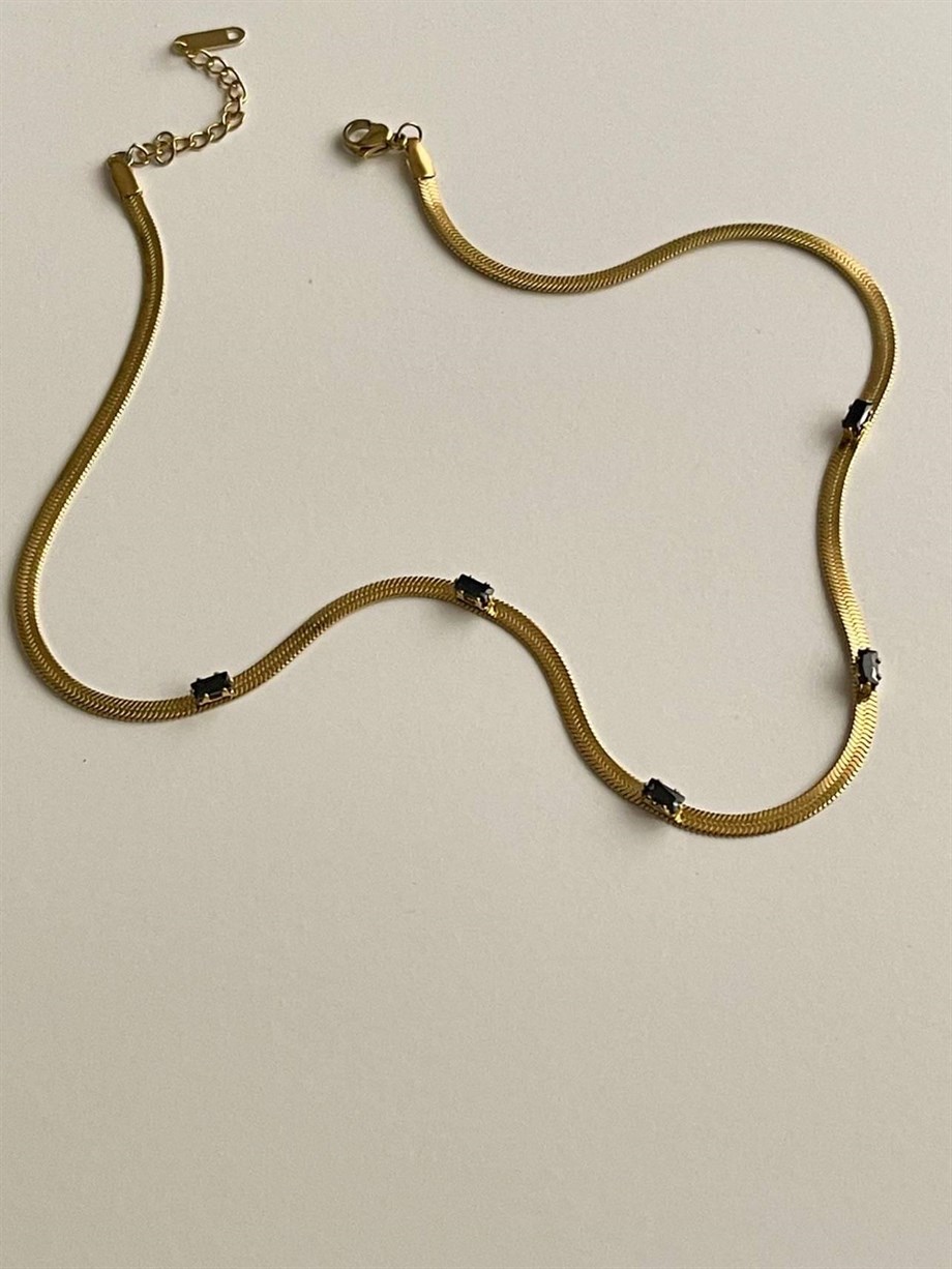 Çelik İtalyan Zincir Siyah Baget Taşlı Kolye (44 Cm)