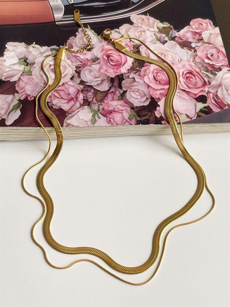 Çelik İtalyan Zincir Snake İkili Birleşik Kombin Kolye (46 Cm)