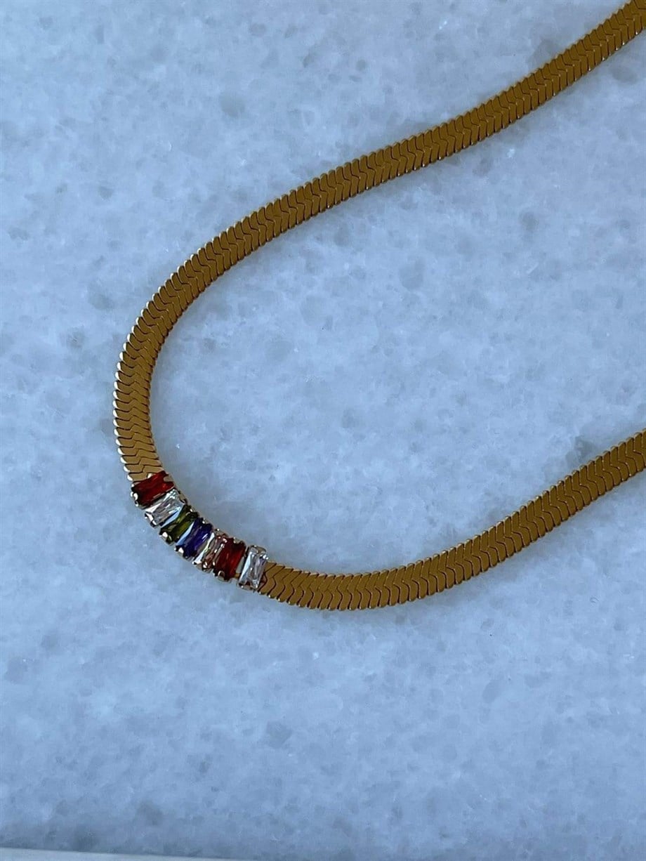 Çelik İtalyan Zincir Üzerine Renkli Baget Taşlı Kolye (45 Cm)