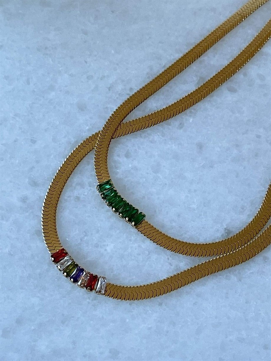 Çelik İtalyan Zincir Üzerine Yeşil Baget Taşlı Kolye (45 Cm)