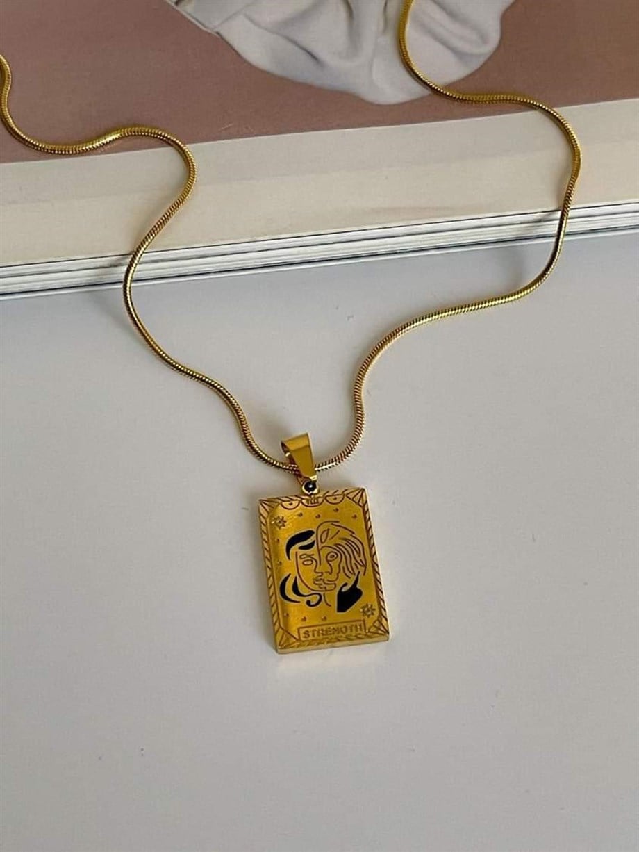 Çelik Kadın Erkek Yüz Figürlü Kare Plaka Madalyon Kolye (45 Cm)