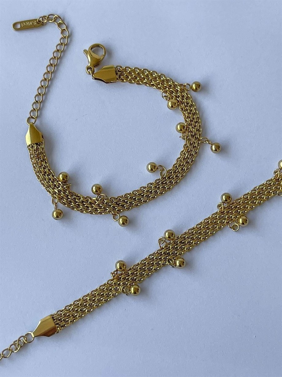 Çelik Kalın Örgü Topçuklu Bileklik (21 Cm)