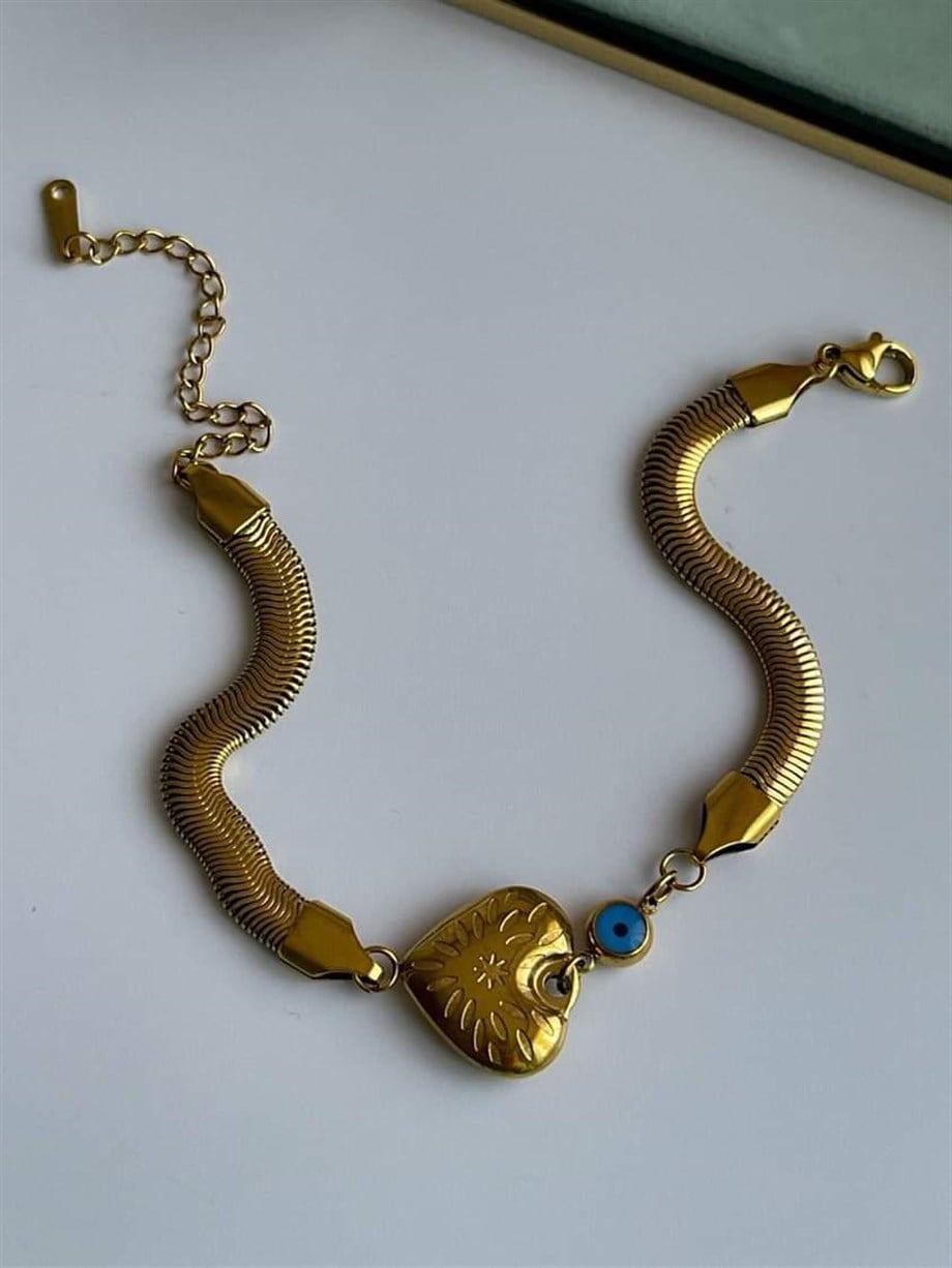 Çelik Kaplı Nazar Boncuklu Snake Bileklik (23 Cm)