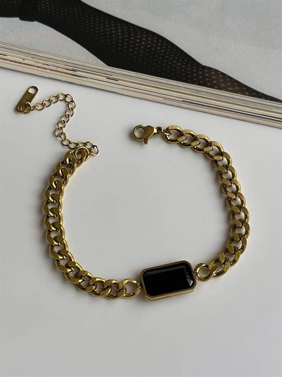 Çelik Kare Siyah Taşlı Bileklik (22 Cm)