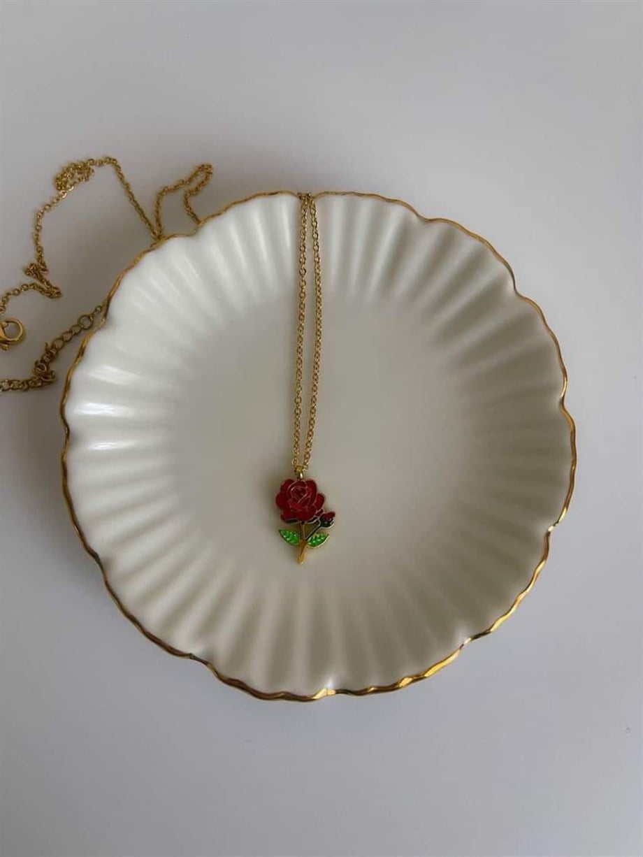 Çelik Kırmızı Gül Kolye (47 Cm)