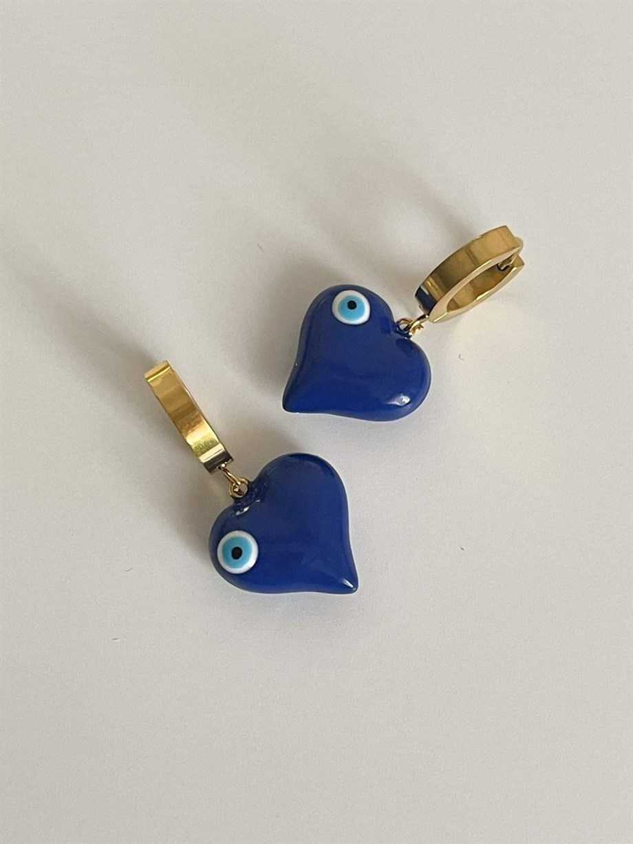 Çelik Lacivert Nazar Boncuklu Kalp Küpe (3 Cm)