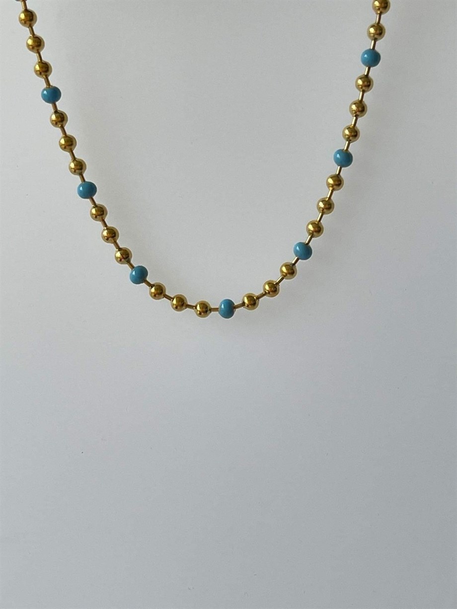 Çelik Mavi Gold Boncuklu Kolye (46 Cm)