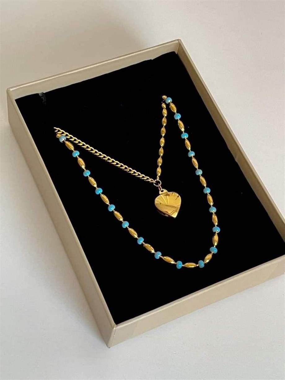 Çelik Mavi Gold Taşlı Uzun Kolye (67 Cm)