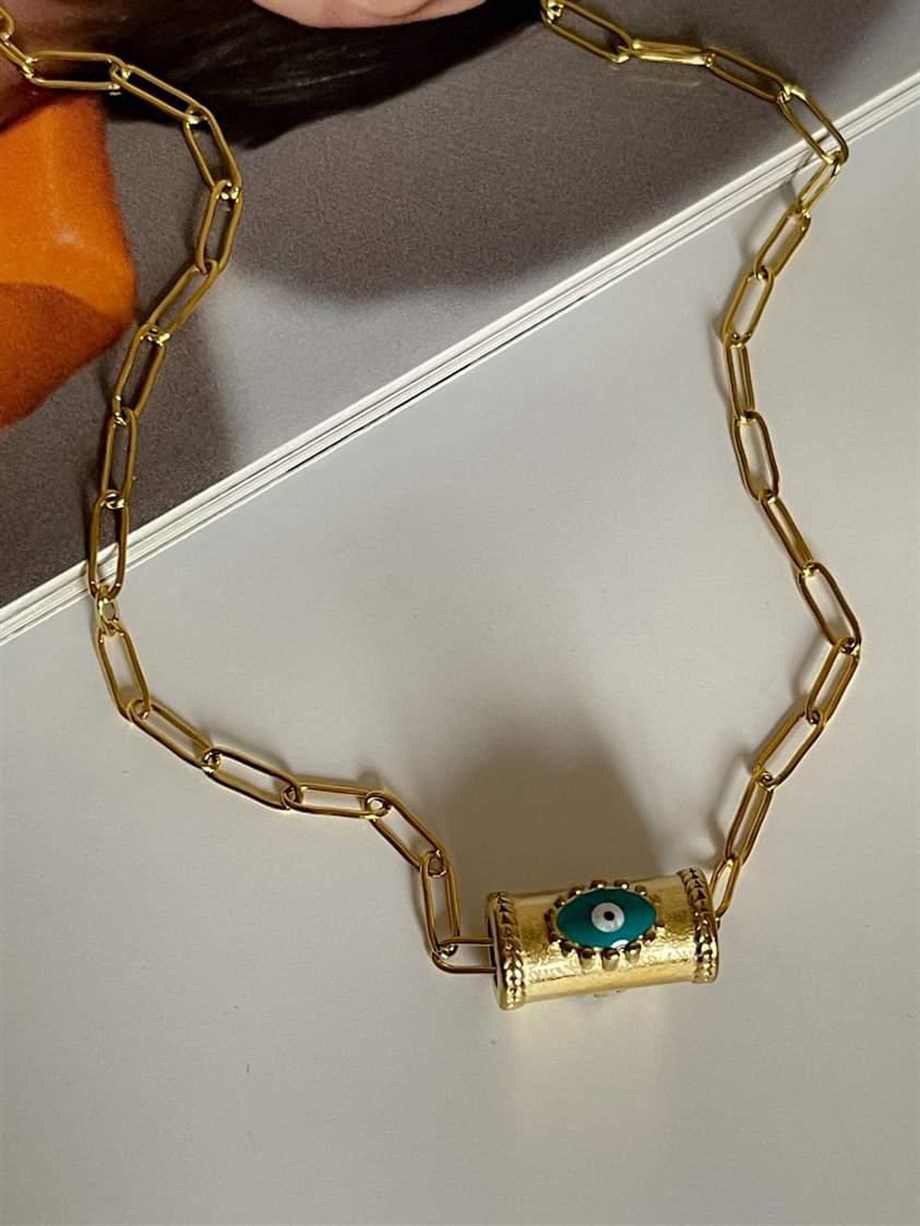 Çelik Mavi Göz Detaylı Kolye (51Cm)