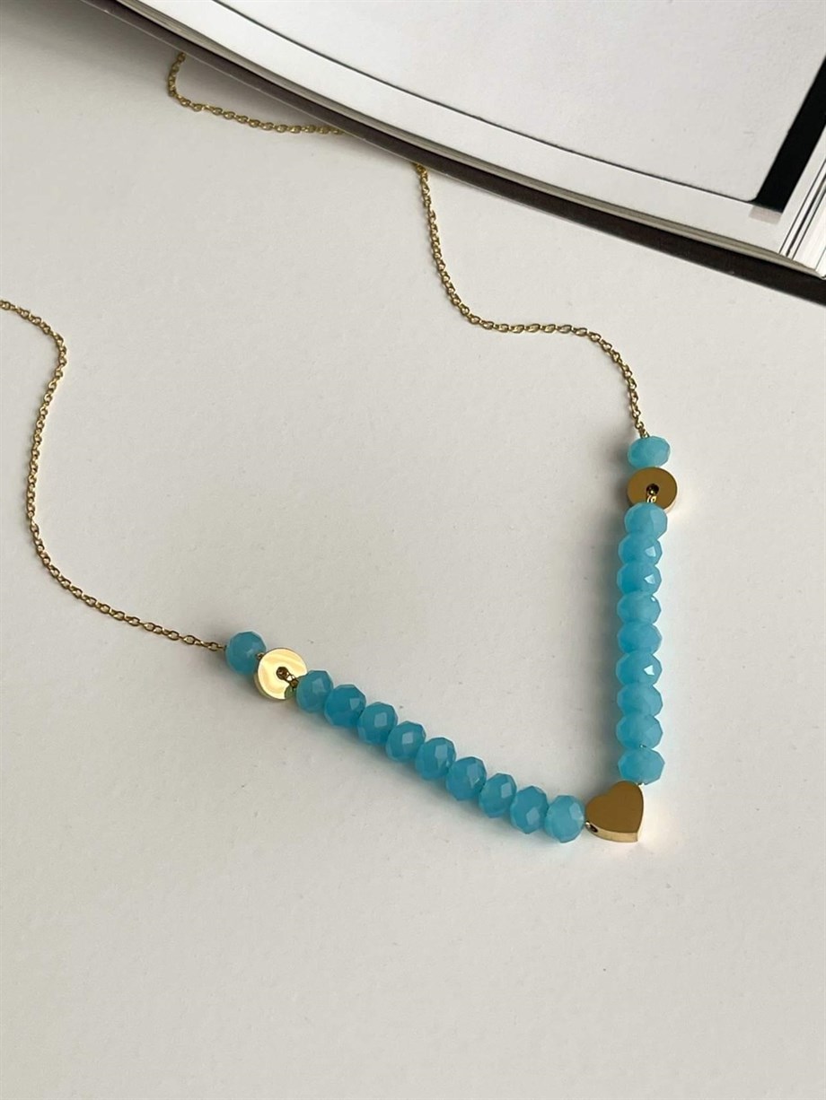 Çelik Mavi Kristal Boncuklu Kalpli Kolye (46 Cm)