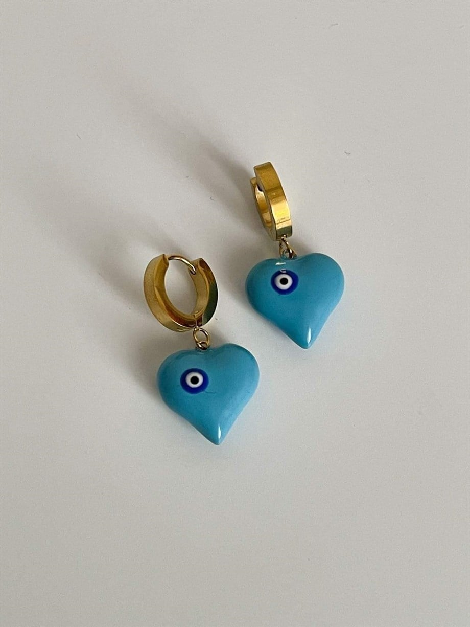 Çelik Mavi Nazar Boncuklu Kalp Kolye (3 Cm)