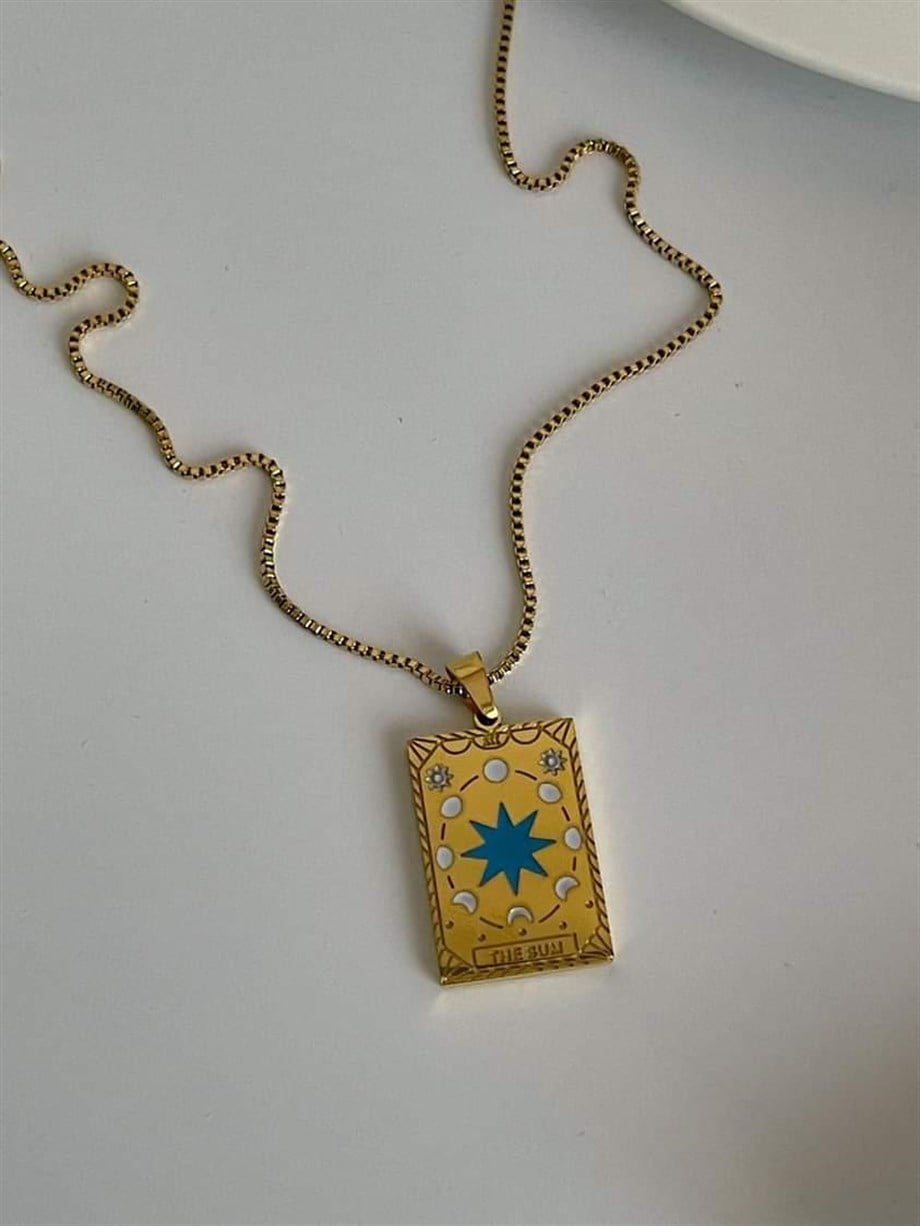 Çelik Mavi Yıldızlı Kare Plaka Madalyon Kolye (45 Cm)