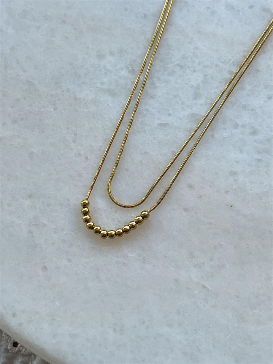 Çelik Minimal Topçuklu İkili Birleşik Kombin Kolye (46 Cm)