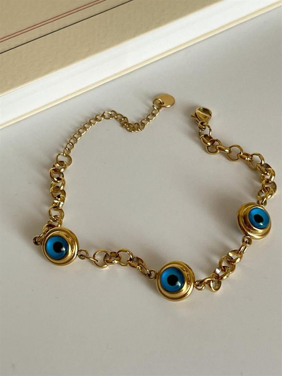 Çelik Nazar Mavi Boncuklu Bileklik (21 Cm)