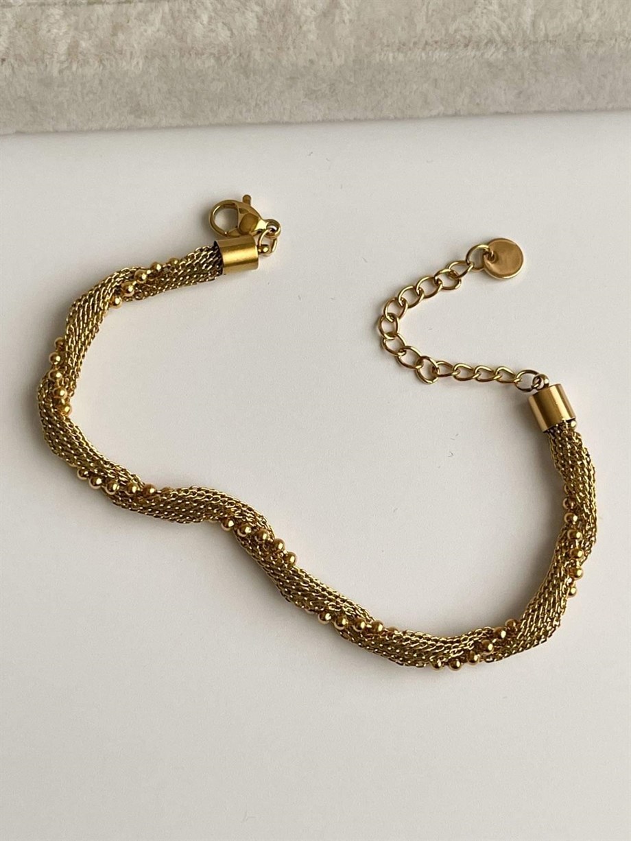 Çelik Örgü Topçuk Detaylı Bileklik (21 Cm)