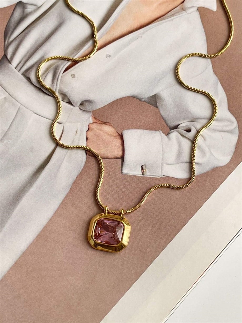 Çelik Pembe Baget Taşlı Kolye (47 Cm)