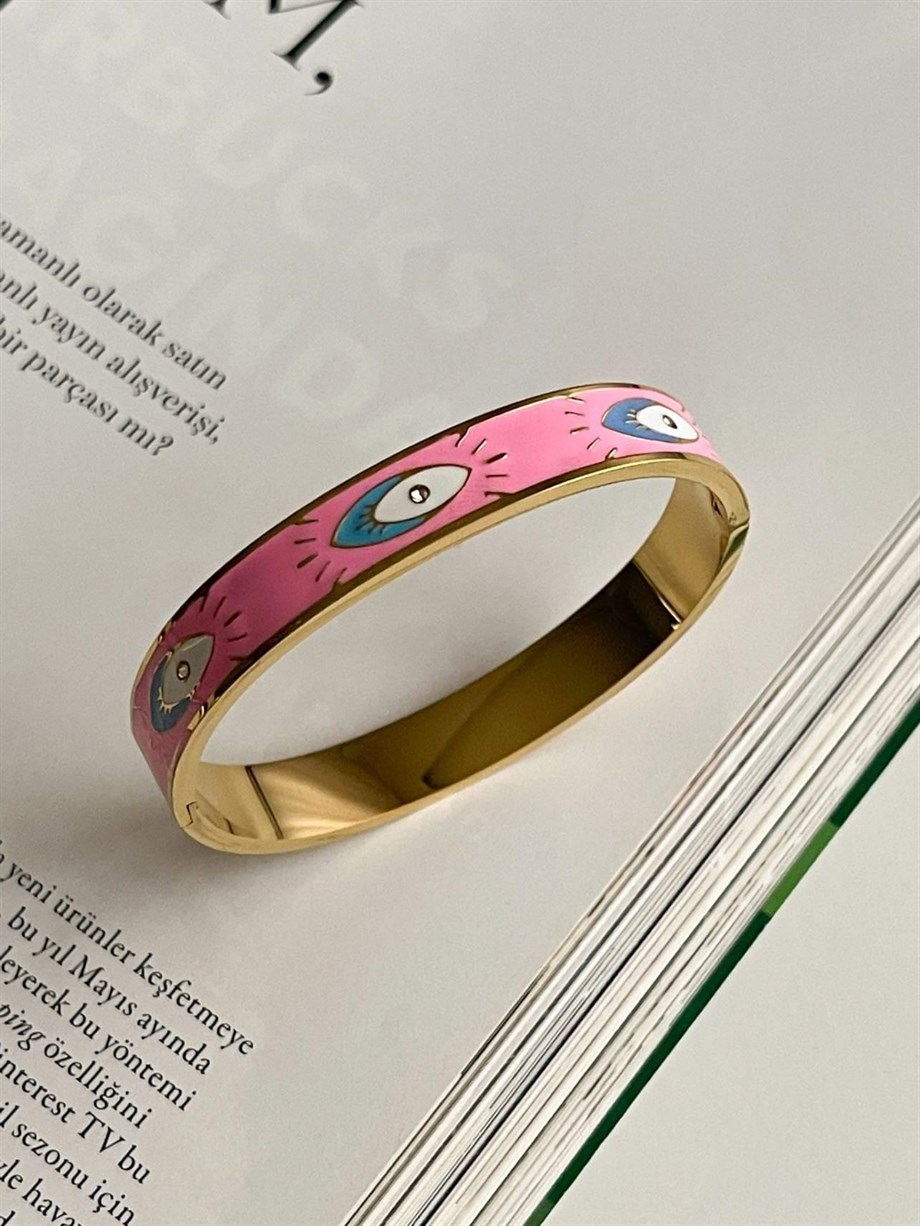 Çelik Pembe Göz Detaylı Kelepçe Bileklik (6.20 Cm)