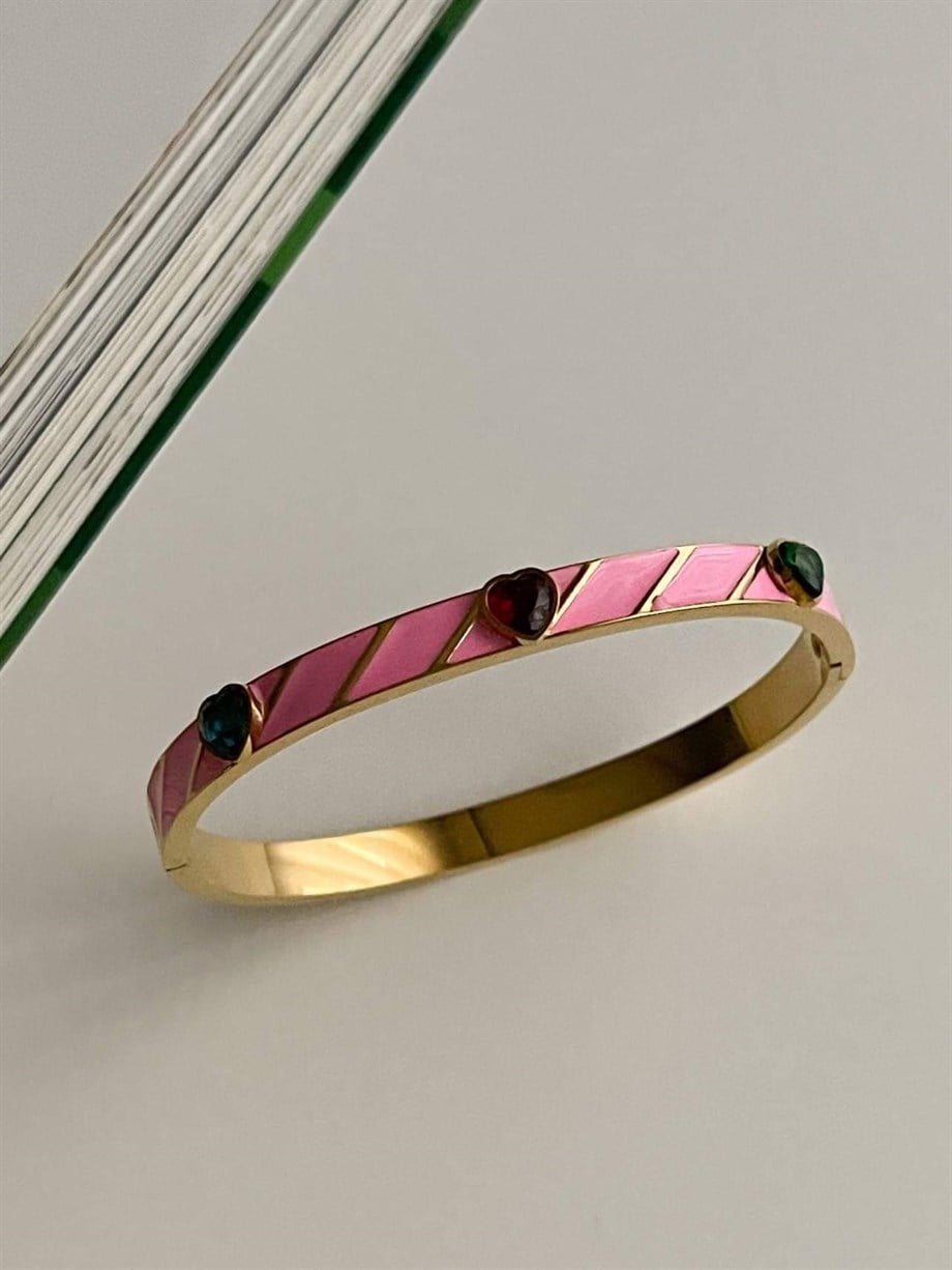 Çelik Pembe Taşlı Kelepçe Bileklik (6.20 Cm)