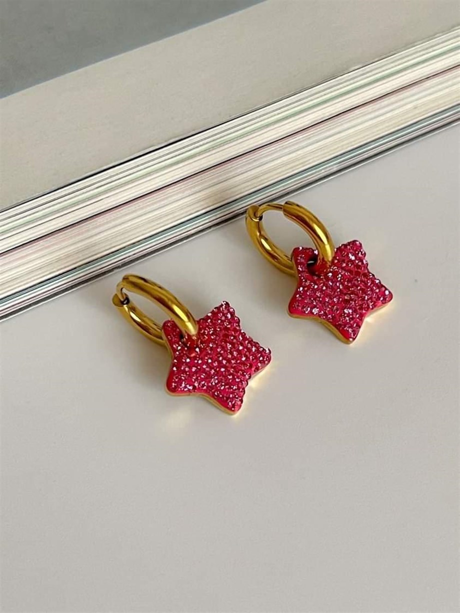 Çelik Pembe Yıldızlı Küpe (2 Cm)