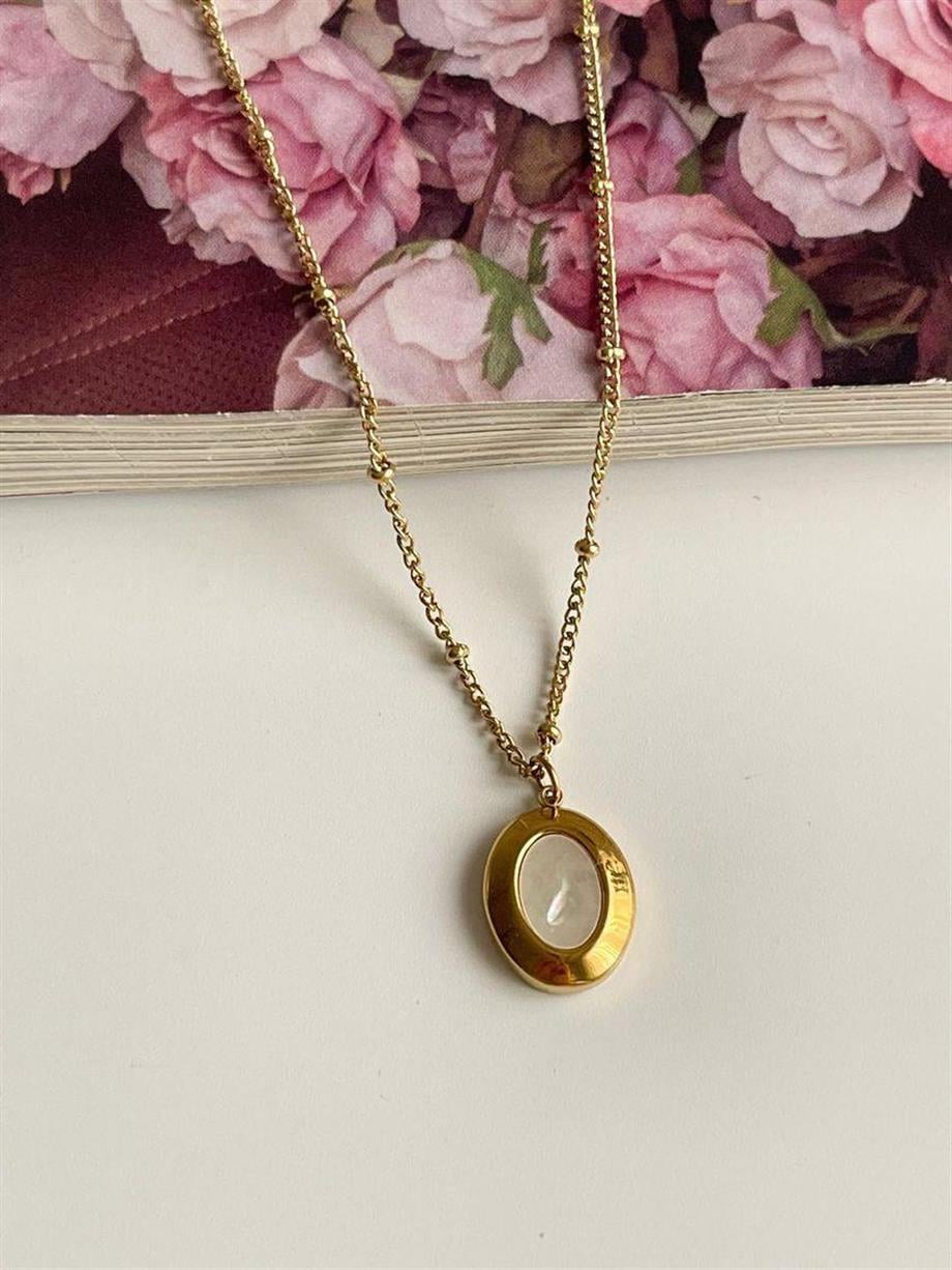 Çelik Sedefli Beyaz Oval Minimal Kolye (46 Cm)