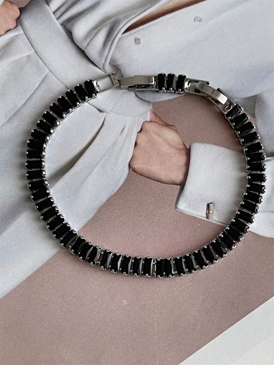Çelik Siyah Baget Taşlı Bileklik (20 Cm)