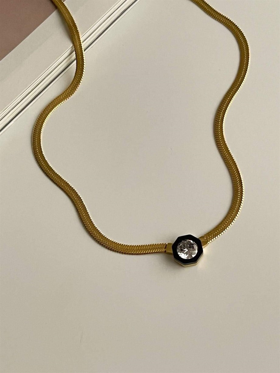 Çelik Siyah Baget Taşlı İtalyan Zincir Kolye (49 Cm)