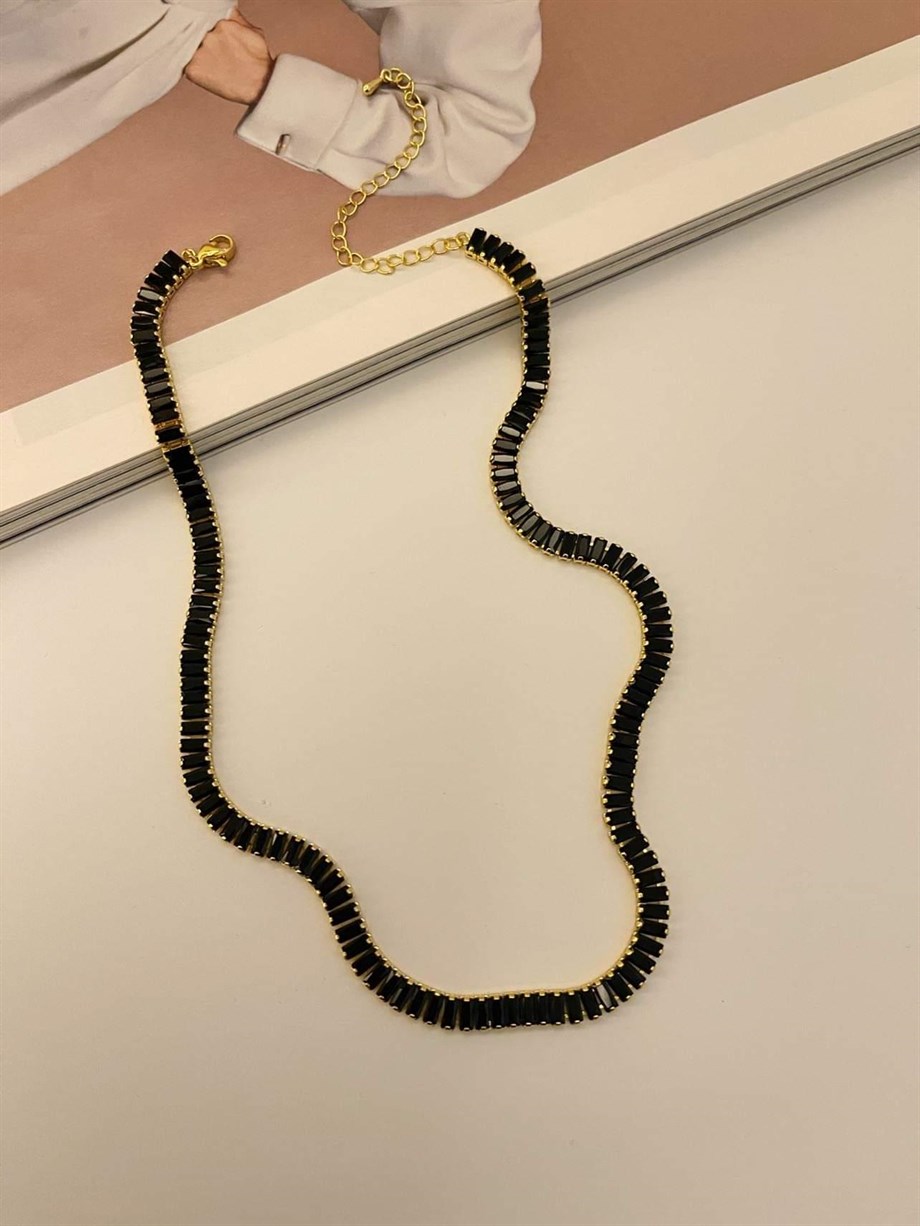 Çelik Siyah Baget Taşlı Lena Kolye (48 Cm)