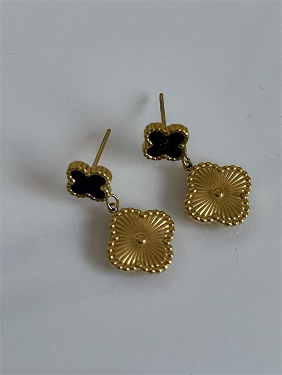 Çelik Siyah Detaylı Van Cleef Küpe (2 Cm)
