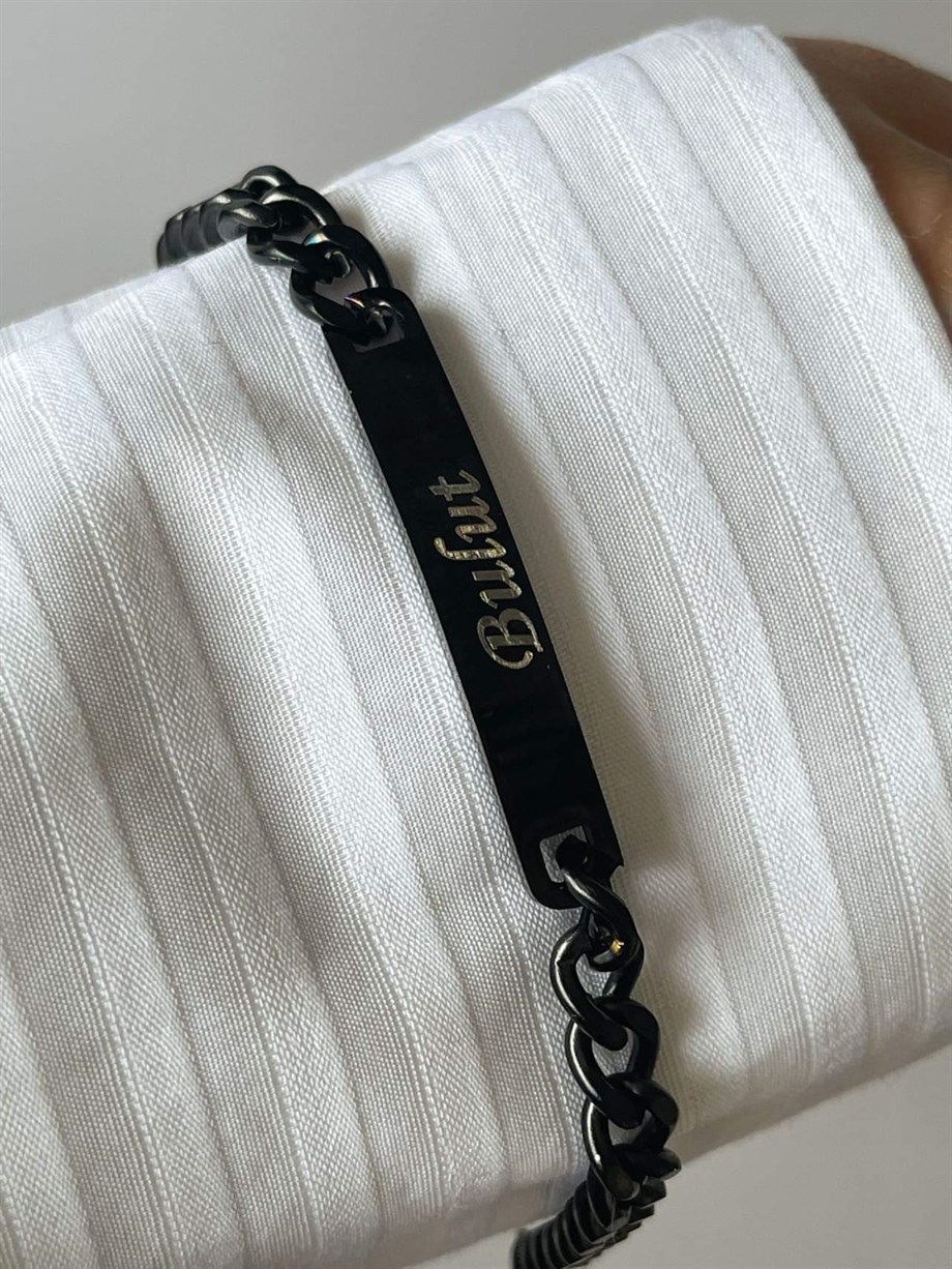 Çelik Siyah İsim Yazdırılabilir Künye Bileklik (21 Cm)