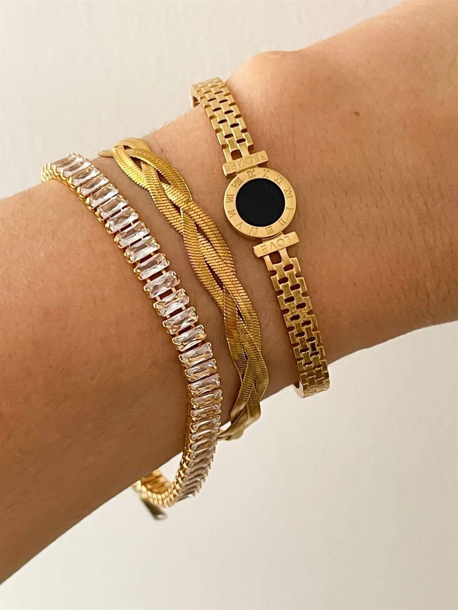 Çelik Siyah Taşlı Marka Model Kelepçe Bileklik (6.30 Cm)