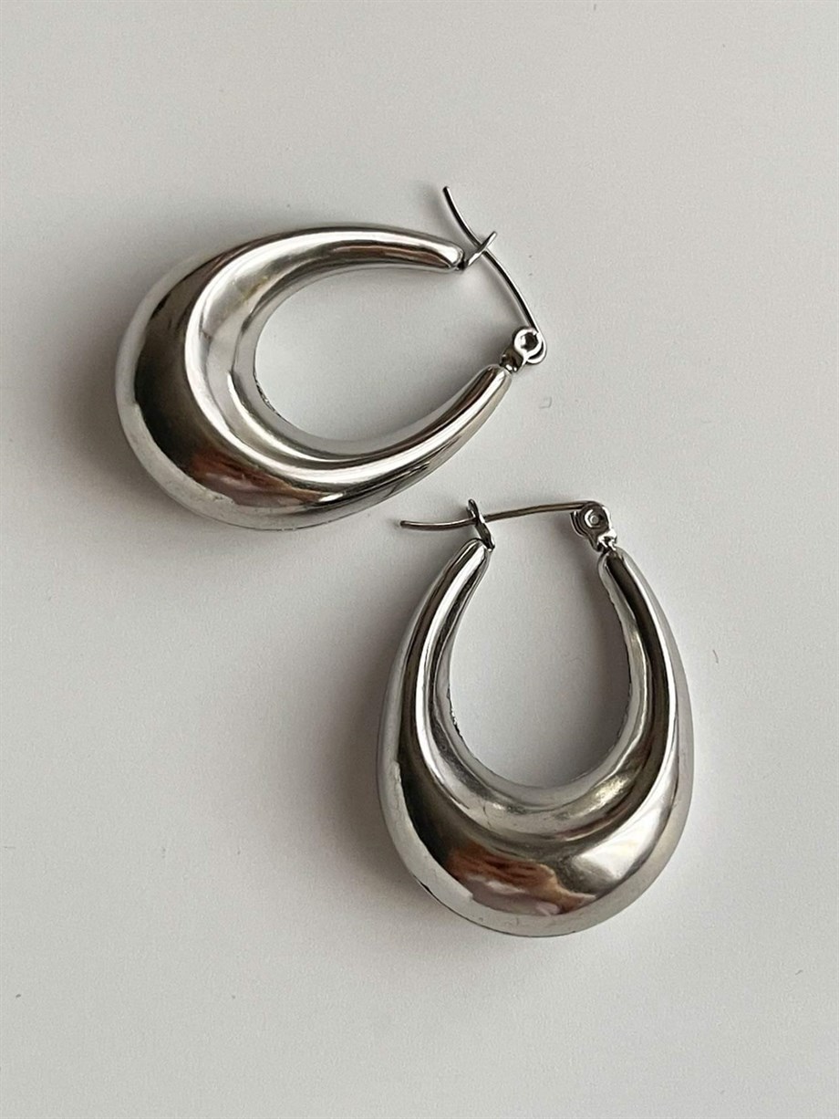 Çelik Steel Gümüş Renk Oval Halka Küpe (3 Cm)