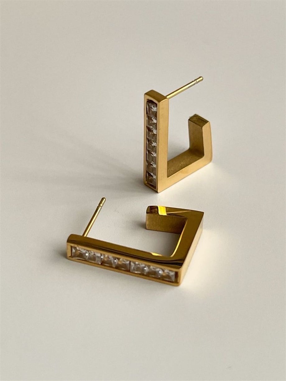 Çelik Steel Kare Taşlı Küpe (2 Cm)