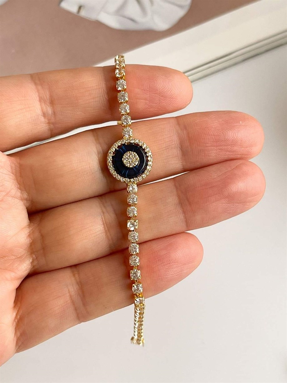 Çelik Su Yolu Yuvarlak Nazar Boncuklu Bileklik (19 Cm)