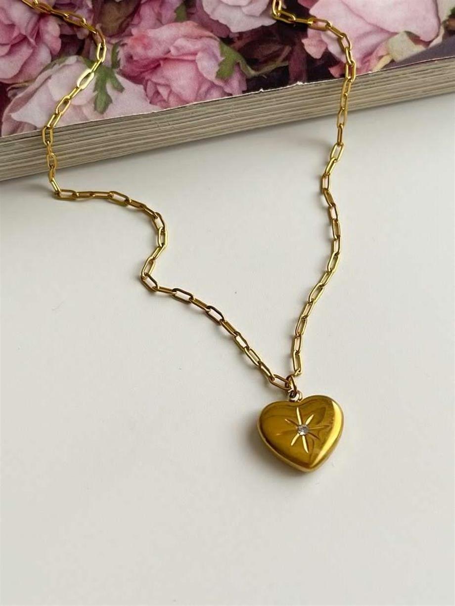 Çelik Taşlı Minimal Kalp Kolye (45 Cm)