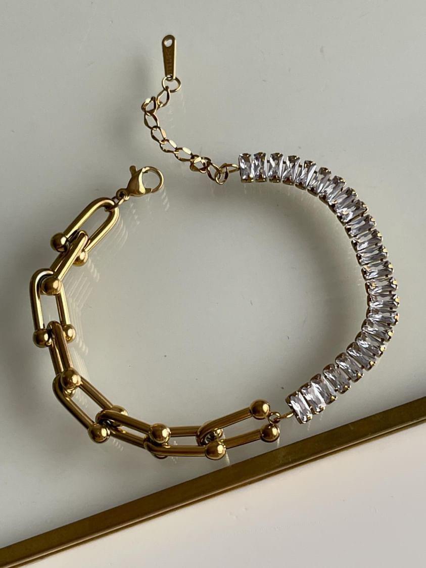 Çelik Valeria Lena Gold Baget Taşlı Tiffany Kombinli Bileklik  (22 Cm)