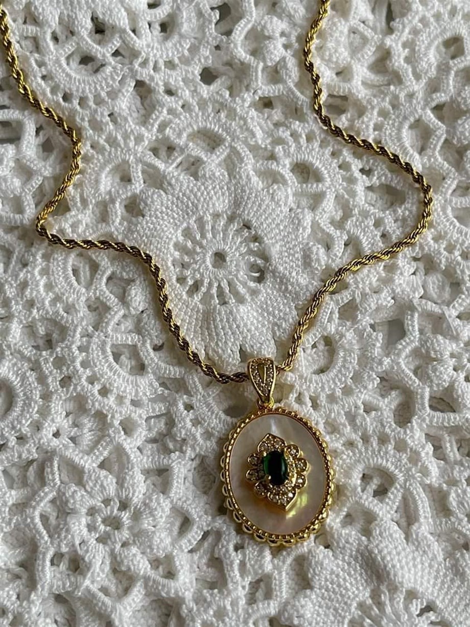 Çelik Vintage Burgu Halat Yeşil Taşlı Kolye (48 Cm)
