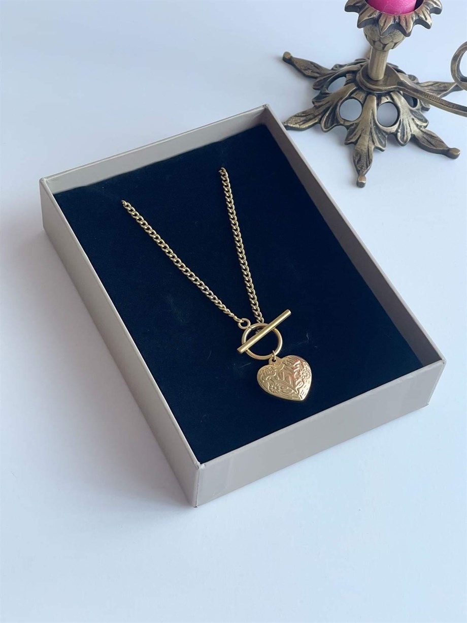 Çelik Vintage işlemeli Kalp Kolye (47 Cm)