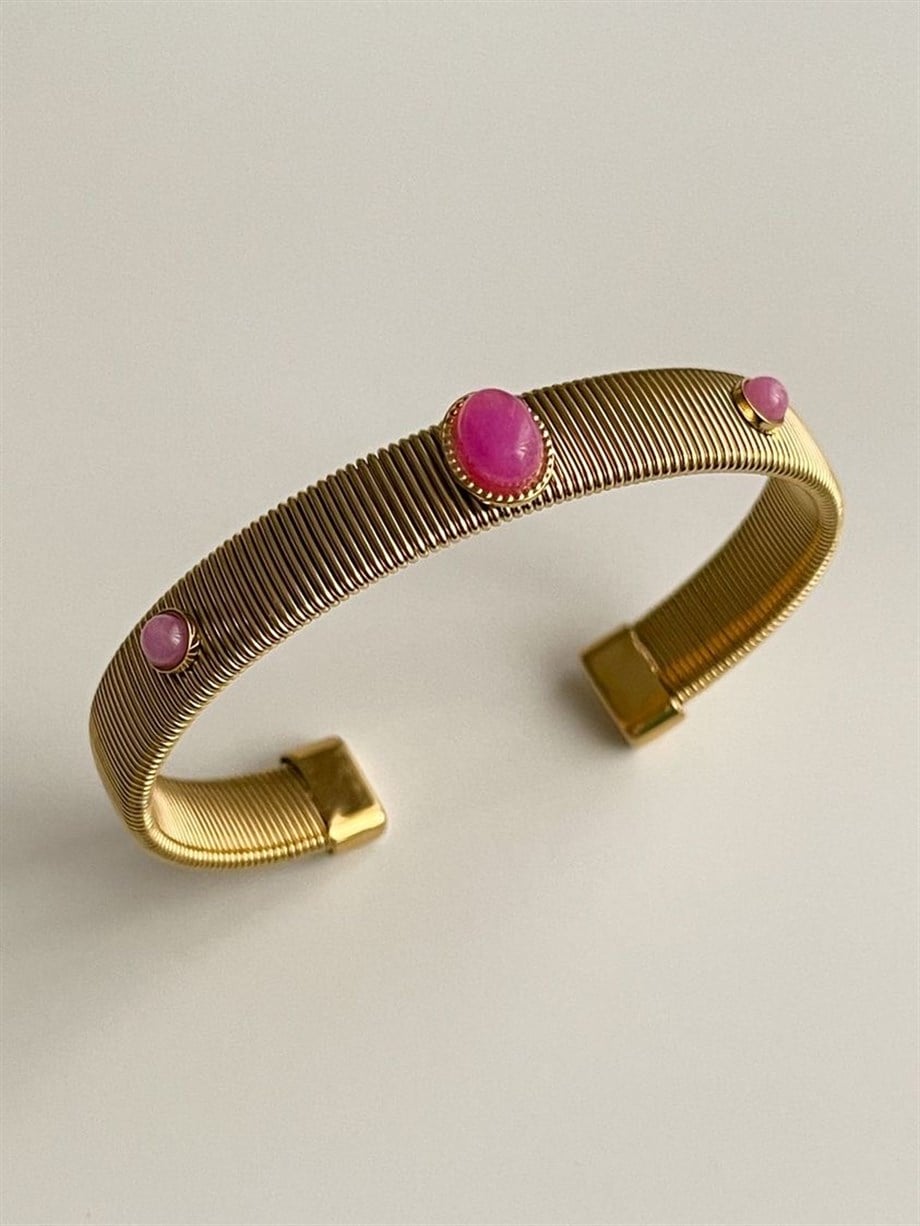 Çelik Vintage Pembe Taşlı Kelepçe Bileklik 