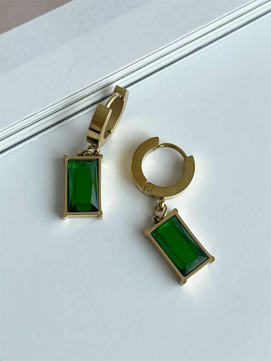 Çelik Yeşil Baget Taşlı Küpe (3 Cm)