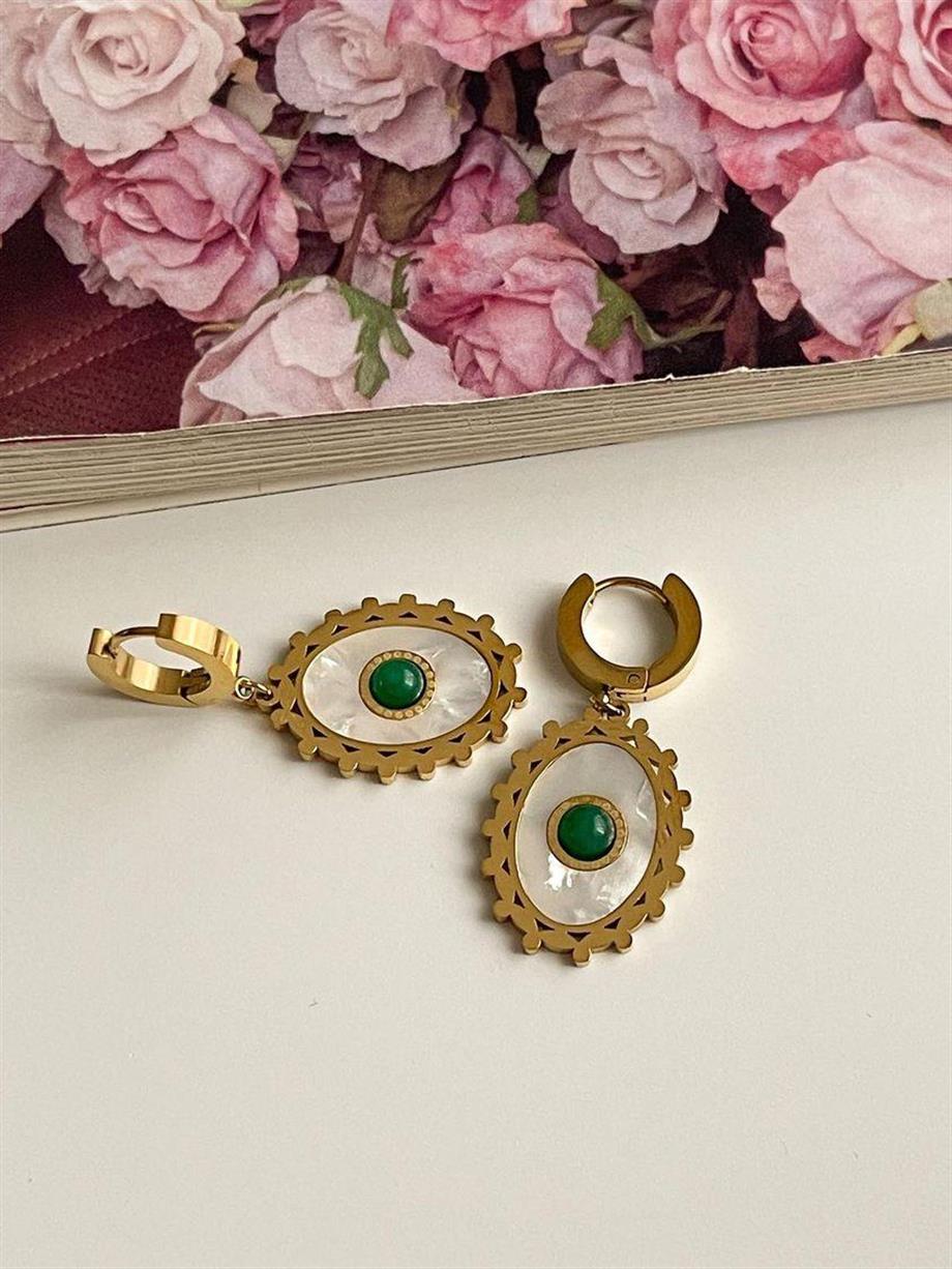 Çelik Yeşil Taşlı Beyaz Sedefli Vintage Küpe (3.70 Cm)