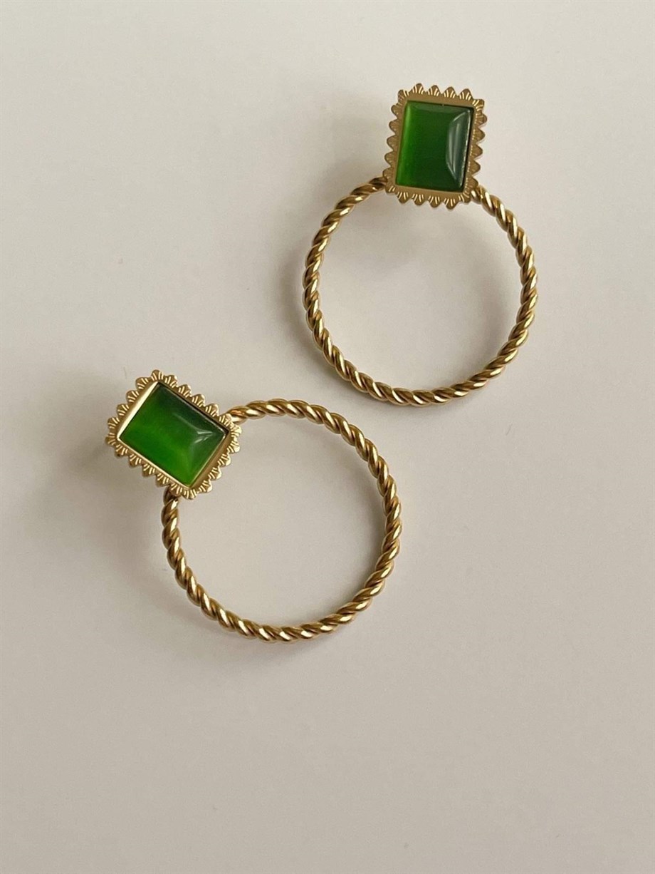 Çelik Yeşil Taşlı Halka Küpe (4 Cm)