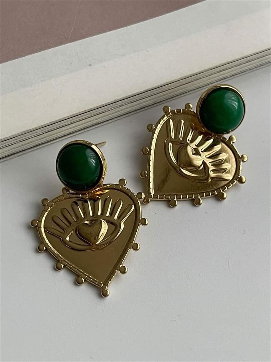 Çelik Yeşil Taşlı Kalp Göz Detaylı Küpe (3.5 Cm)