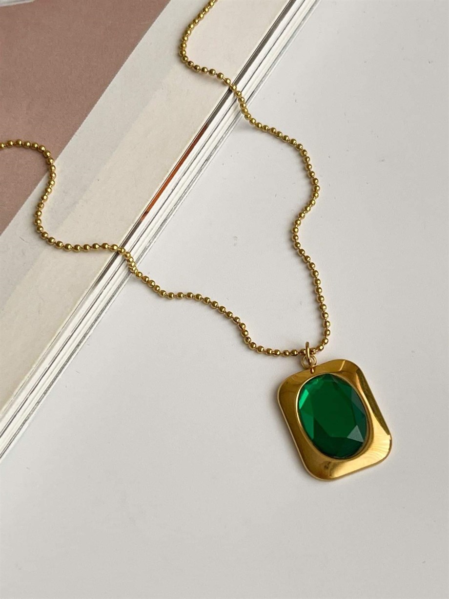 Çelik Yeşil Taşlı Kolye (46 Cm)